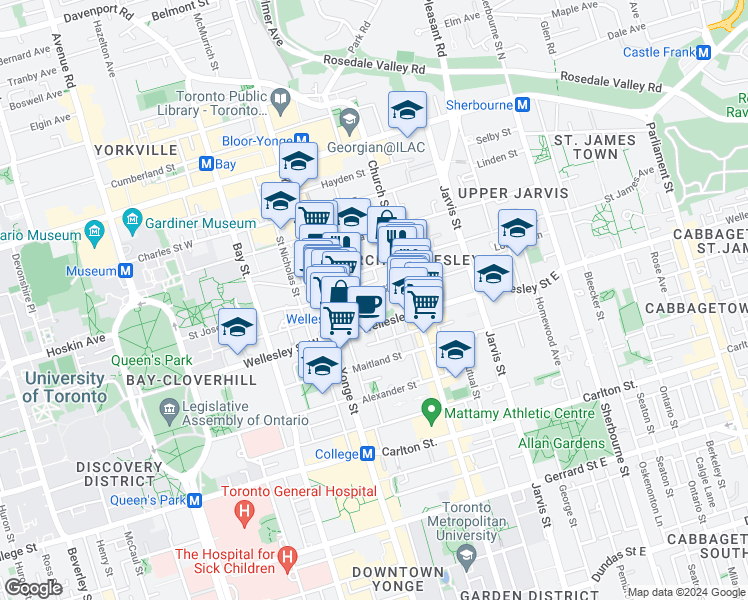 map of restaurants, bars, coffee shops, grocery stores, and more near in Toronto