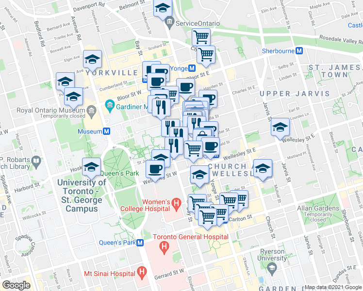 map of restaurants, bars, coffee shops, grocery stores, and more near in Toronto