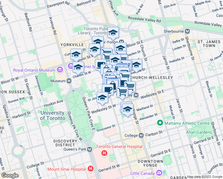 map of restaurants, bars, coffee shops, grocery stores, and more near 44 Saint Joseph Street in Toronto