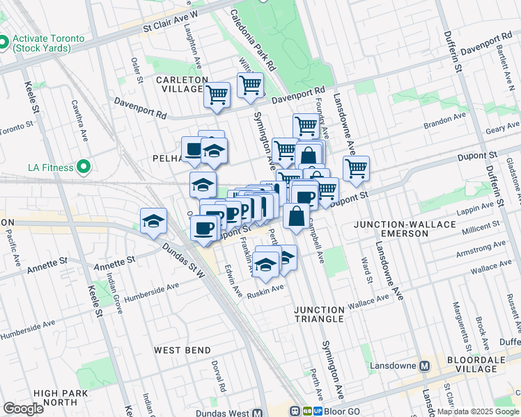 map of restaurants, bars, coffee shops, grocery stores, and more near in Toronto