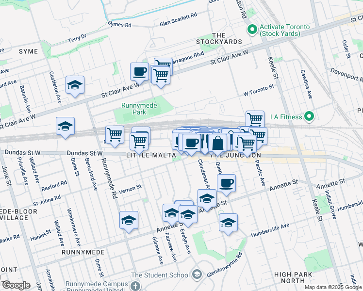 map of restaurants, bars, coffee shops, grocery stores, and more near in Toronto