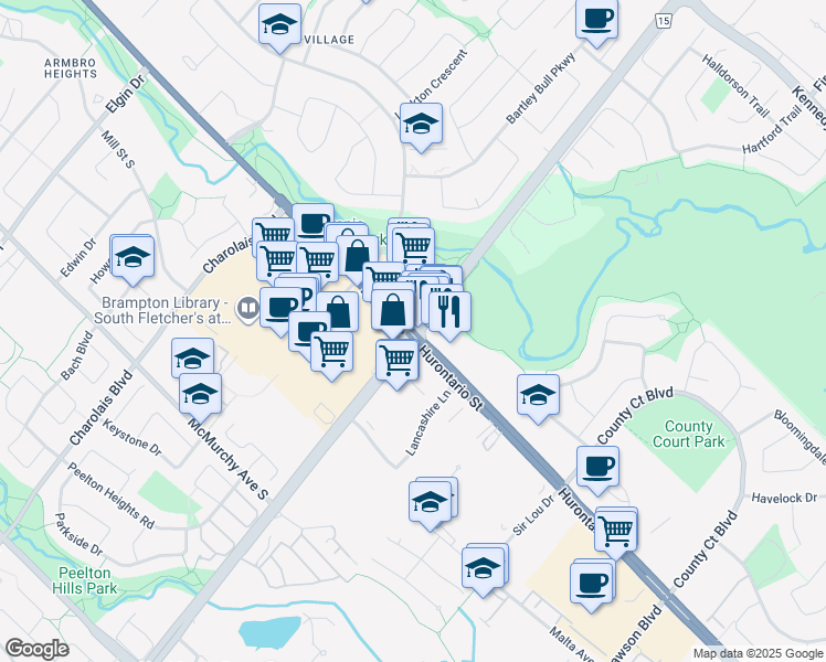 map of restaurants, bars, coffee shops, grocery stores, and more near Main Street in Mississauga