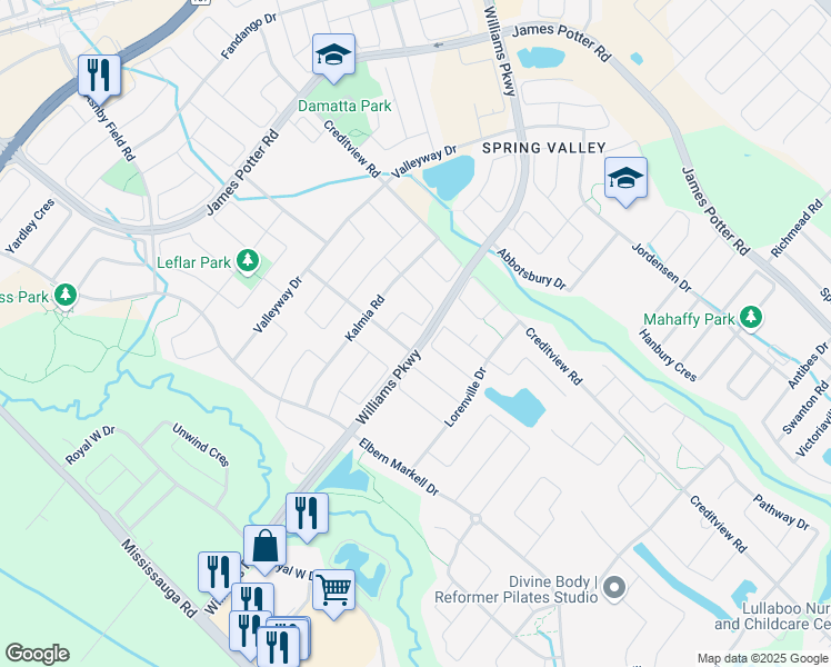map of restaurants, bars, coffee shops, grocery stores, and more near 32 Orangeblossom Trail in Brampton