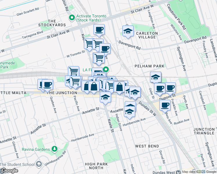 map of restaurants, bars, coffee shops, grocery stores, and more near 29 Heintzman Street in Toronto