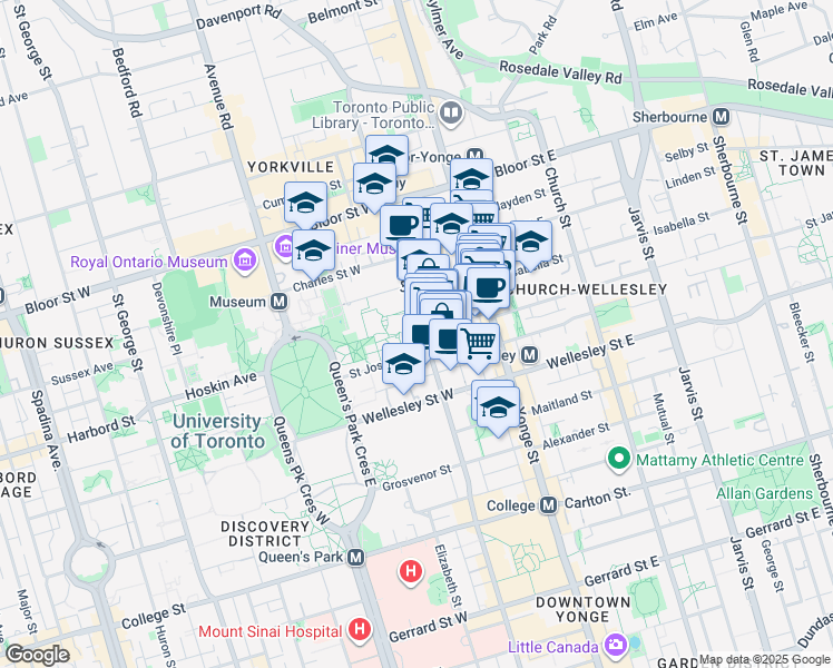 map of restaurants, bars, coffee shops, grocery stores, and more near 1038 Bay Street in Toronto
