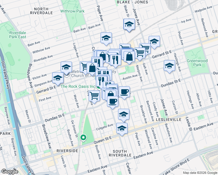 map of restaurants, bars, coffee shops, grocery stores, and more near 1 Badgerow Avenue in Toronto