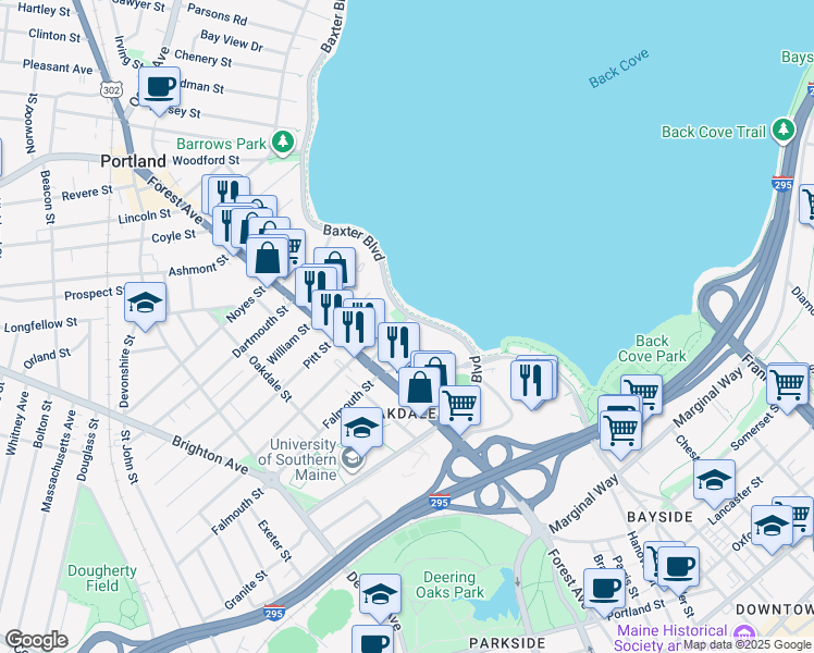 map of restaurants, bars, coffee shops, grocery stores, and more near 4 Belmeade Road in Portland