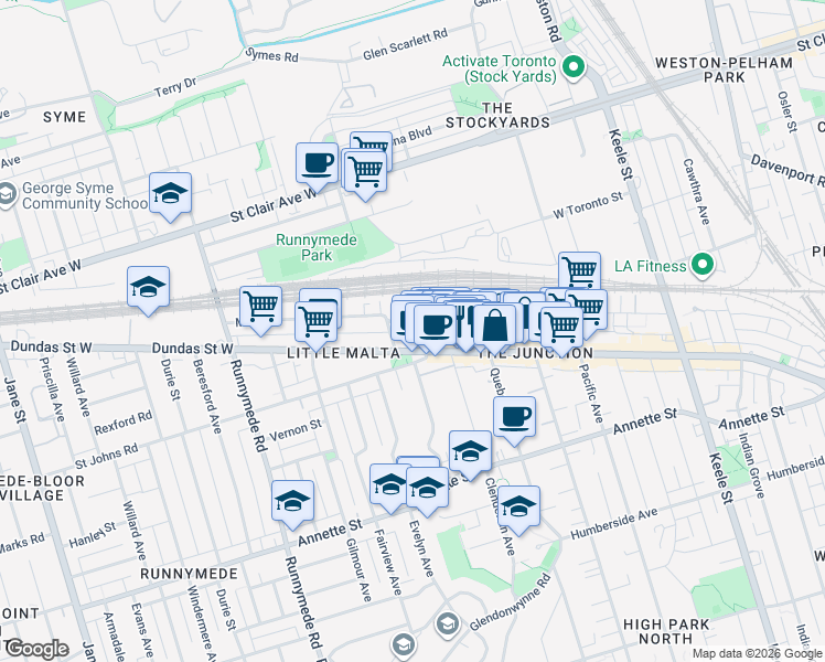 map of restaurants, bars, coffee shops, grocery stores, and more near 53 Maria Street in Toronto