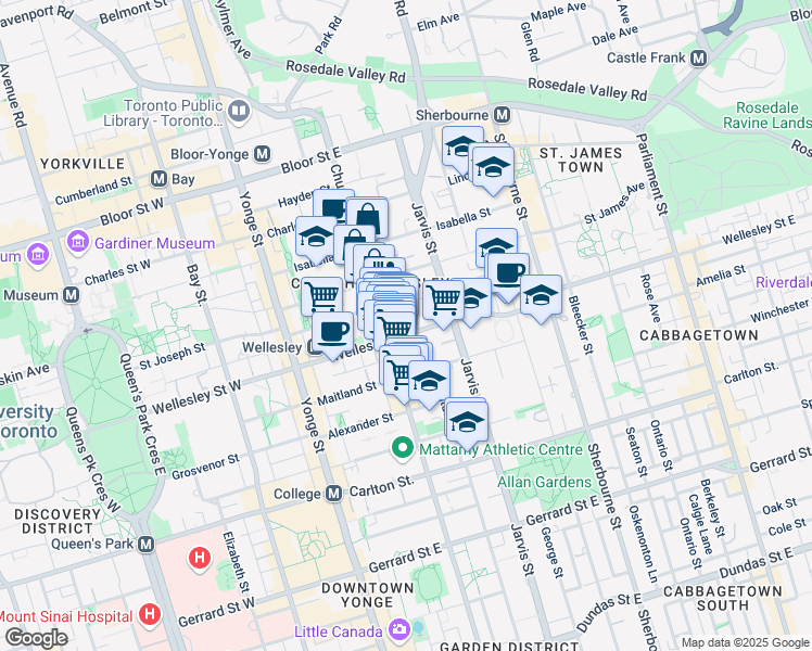 map of restaurants, bars, coffee shops, grocery stores, and more near 80 Wellesley Street East in Toronto