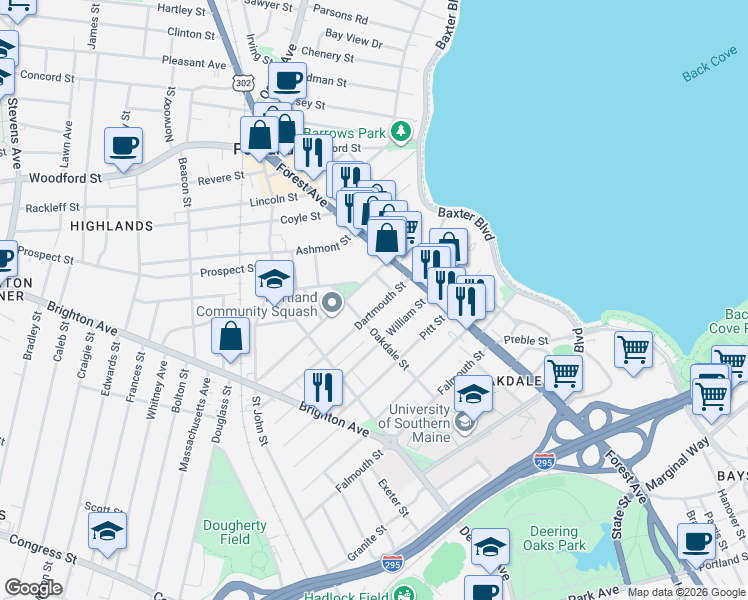 map of restaurants, bars, coffee shops, grocery stores, and more near 10 Freeman Street in Portland