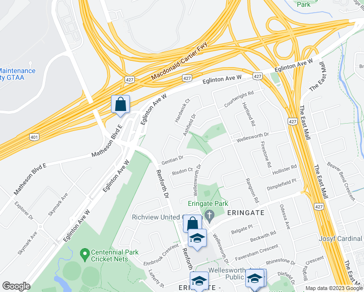 map of restaurants, bars, coffee shops, grocery stores, and more near 47 Ashfield Drive in Toronto