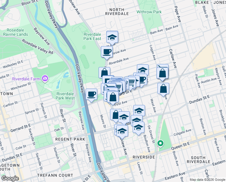 map of restaurants, bars, coffee shops, grocery stores, and more near 9 Simpson Avenue in Toronto