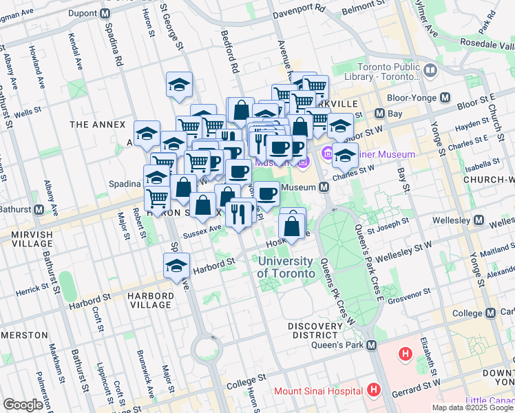 map of restaurants, bars, coffee shops, grocery stores, and more near Devonshire Place in Toronto