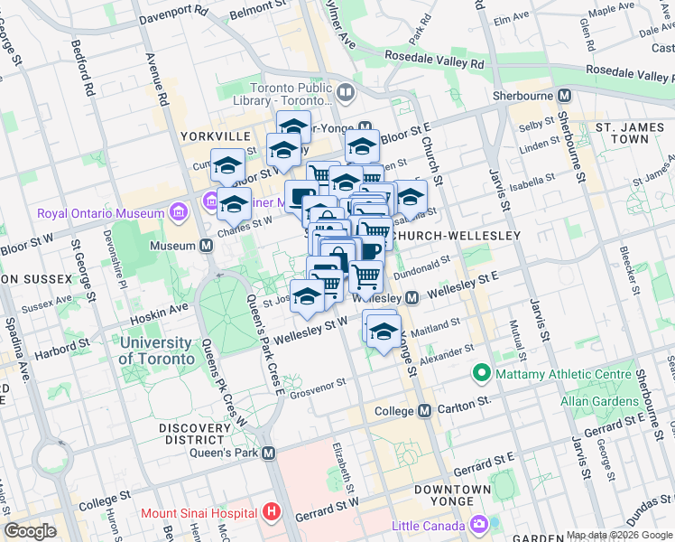 map of restaurants, bars, coffee shops, grocery stores, and more near 44 Saint Joseph Street in Toronto