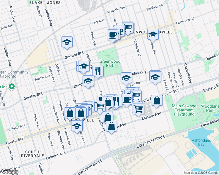 map of restaurants, bars, coffee shops, grocery stores, and more near 91 Alton Avenue in Toronto