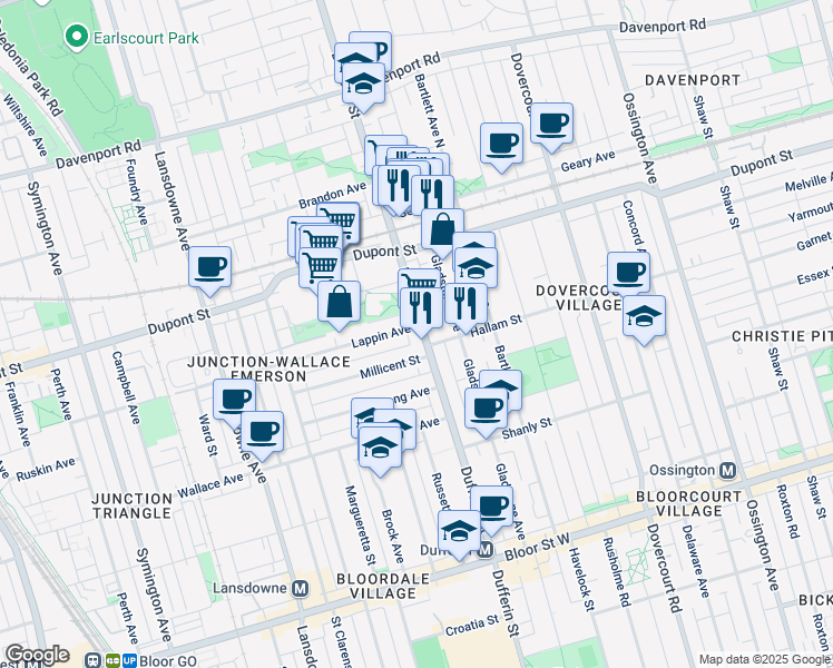 map of restaurants, bars, coffee shops, grocery stores, and more near in Toronto