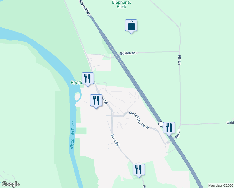 map of restaurants, bars, coffee shops, grocery stores, and more near 2501 River Road in Wisconsin Dells
