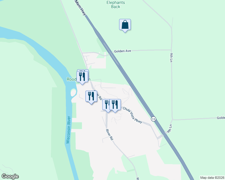 map of restaurants, bars, coffee shops, grocery stores, and more near 1001 Chula Vista Parkway in Wisconsin Dells