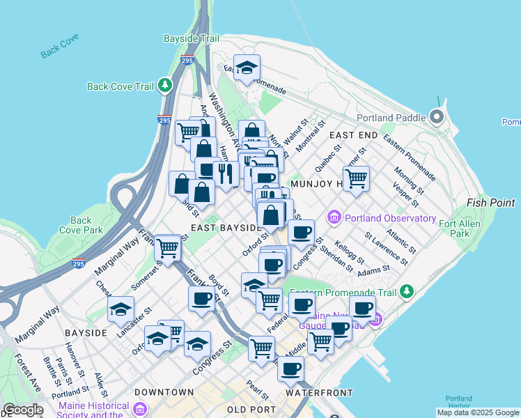 map of restaurants, bars, coffee shops, grocery stores, and more near 93 Washington Avenue in Portland