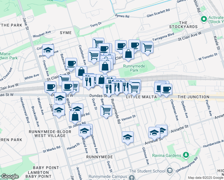 map of restaurants, bars, coffee shops, grocery stores, and more near 299 Maria Street in Toronto