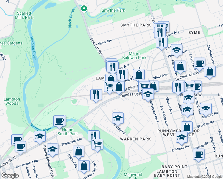 map of restaurants, bars, coffee shops, grocery stores, and more near 2 Scarlett Road in Toronto