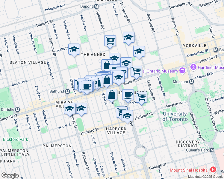 map of restaurants, bars, coffee shops, grocery stores, and more near 425 Bloor Street West in Toronto