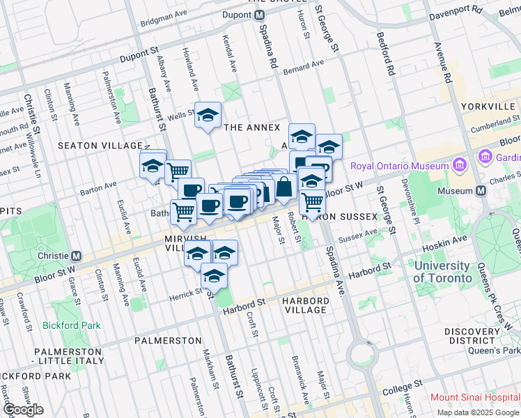 map of restaurants, bars, coffee shops, grocery stores, and more near 378 Bloor Street West in Toronto