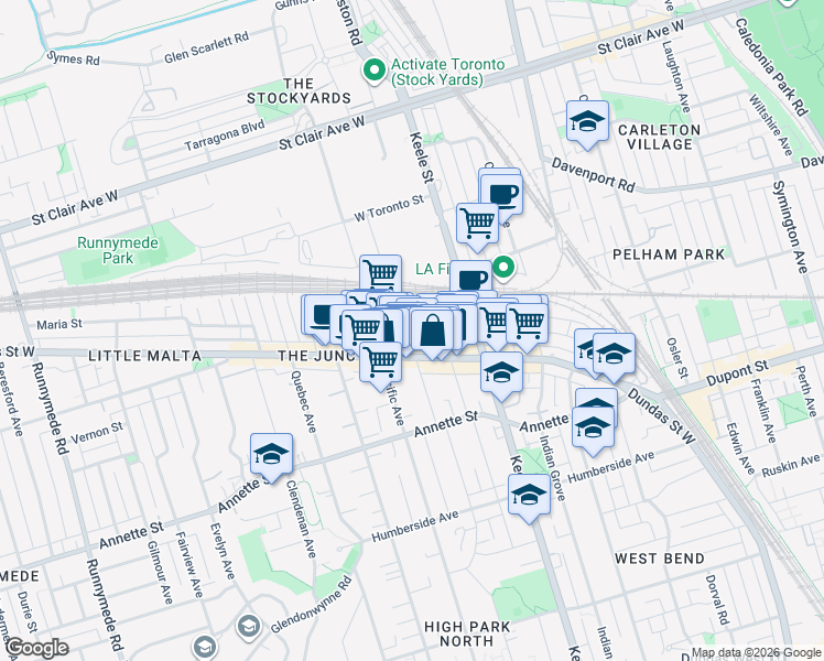 map of restaurants, bars, coffee shops, grocery stores, and more near 34 Jackson Place in Toronto