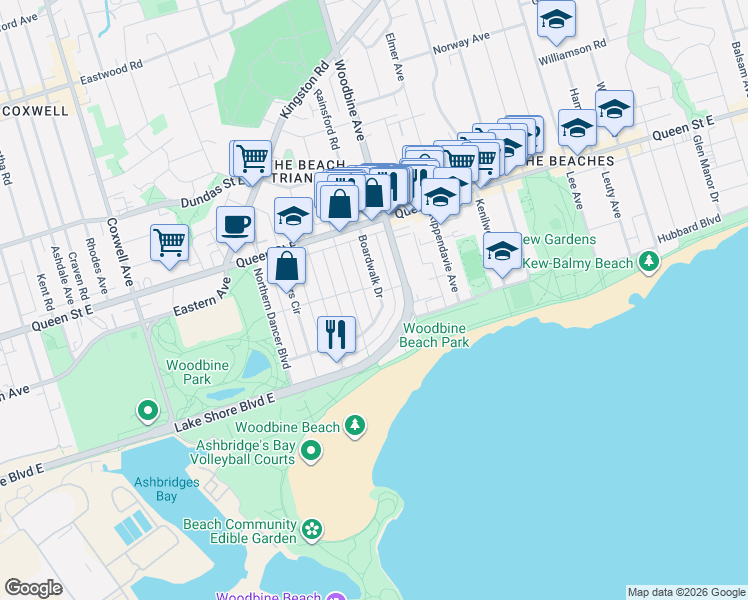map of restaurants, bars, coffee shops, grocery stores, and more near 122 Boardwalk Drive in Toronto