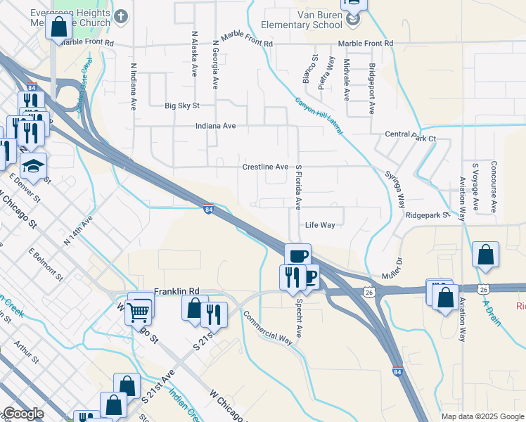 map of restaurants, bars, coffee shops, grocery stores, and more near 2800 Syringa Lane in Caldwell