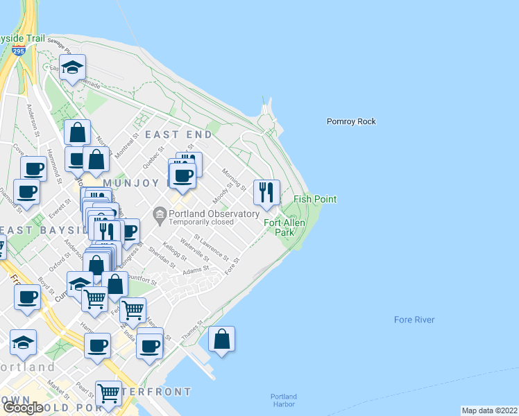 map of restaurants, bars, coffee shops, grocery stores, and more near 25 Morning Street in Portland
