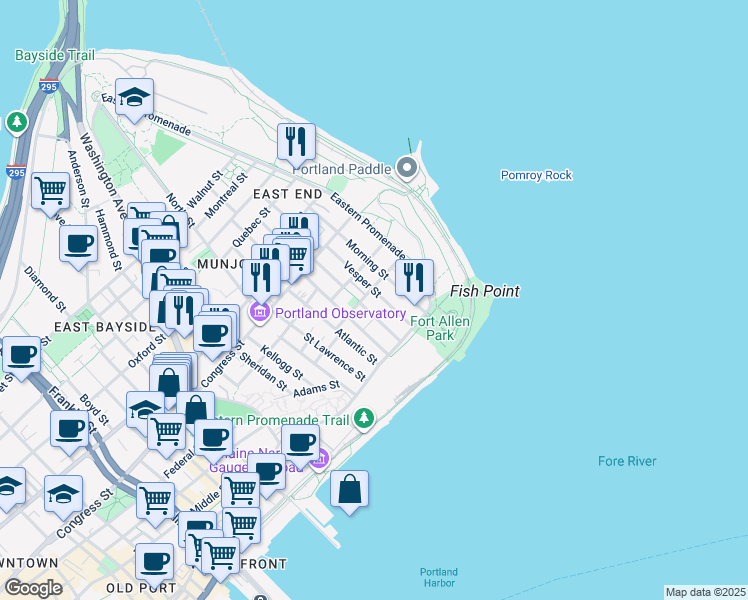 map of restaurants, bars, coffee shops, grocery stores, and more near 50 Vesper Street in Portland