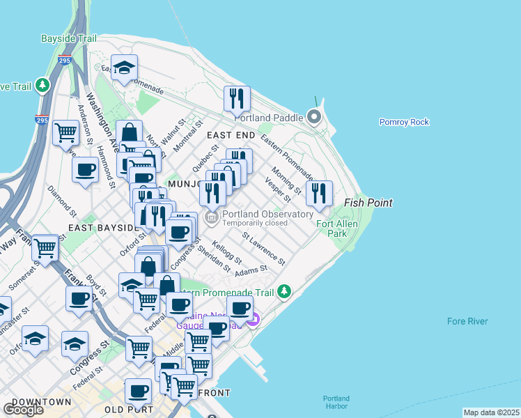map of restaurants, bars, coffee shops, grocery stores, and more near 49 Moody Street in Portland