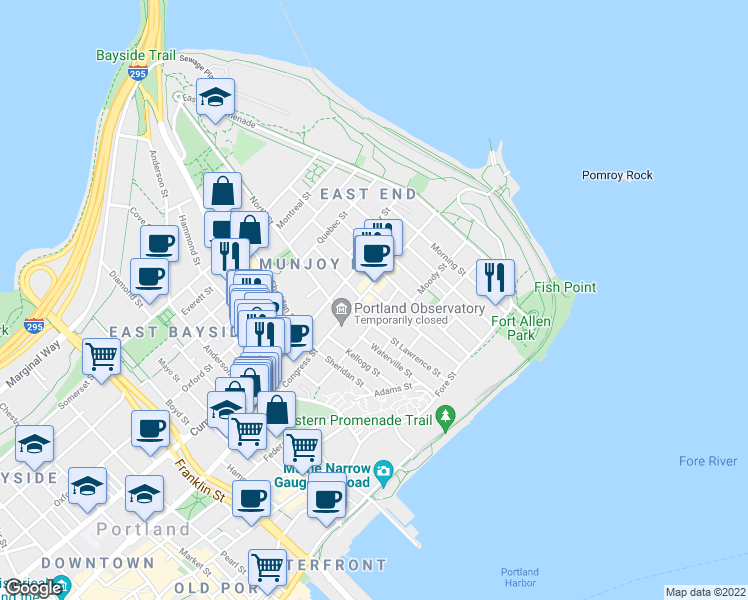 map of restaurants, bars, coffee shops, grocery stores, and more near 99 Atlantic Street in Portland