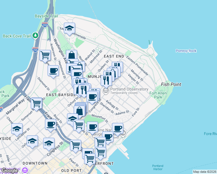 map of restaurants, bars, coffee shops, grocery stores, and more near in Portland