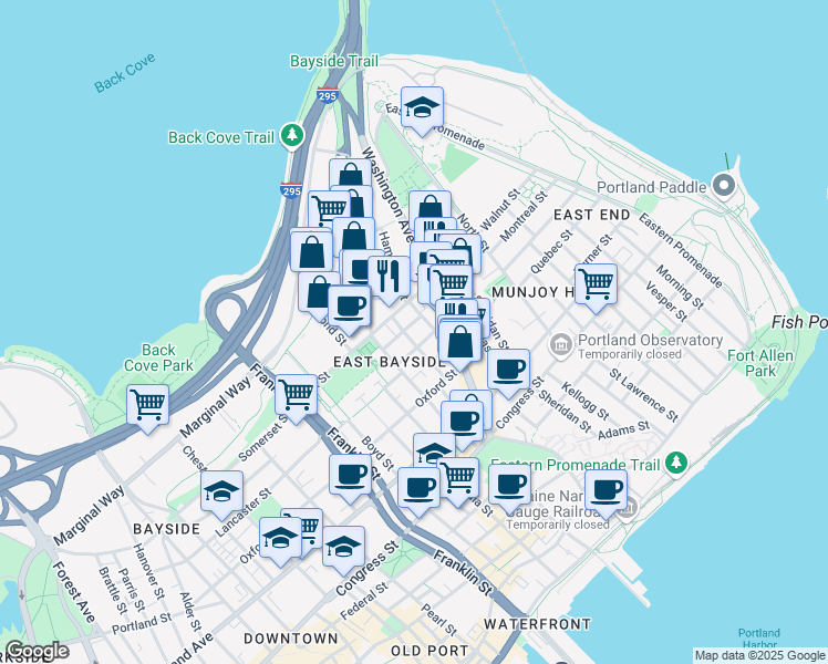 map of restaurants, bars, coffee shops, grocery stores, and more near 5 Everett Street in Portland