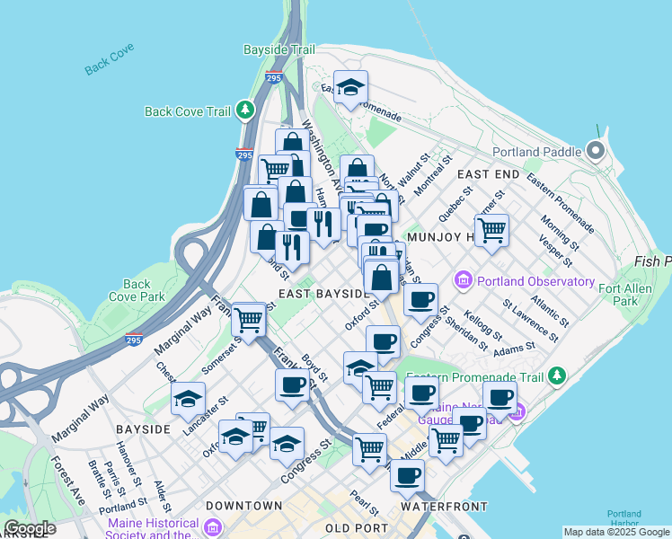 map of restaurants, bars, coffee shops, grocery stores, and more near 5 Everett Street in Portland