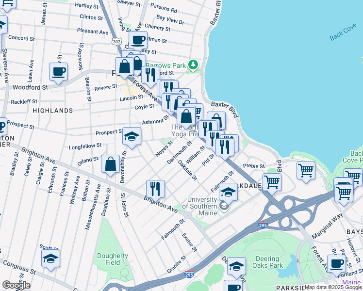 map of restaurants, bars, coffee shops, grocery stores, and more near 10 Freeman Street in Portland