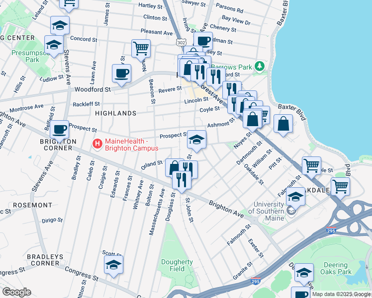 map of restaurants, bars, coffee shops, grocery stores, and more near 117 Longfellow Street in Portland