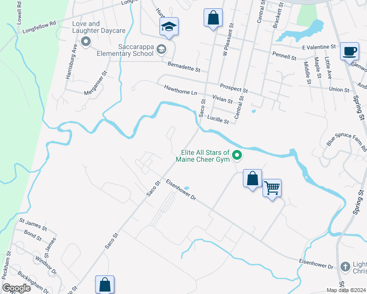 map of restaurants, bars, coffee shops, grocery stores, and more near 329 Saco Street in Westbrook