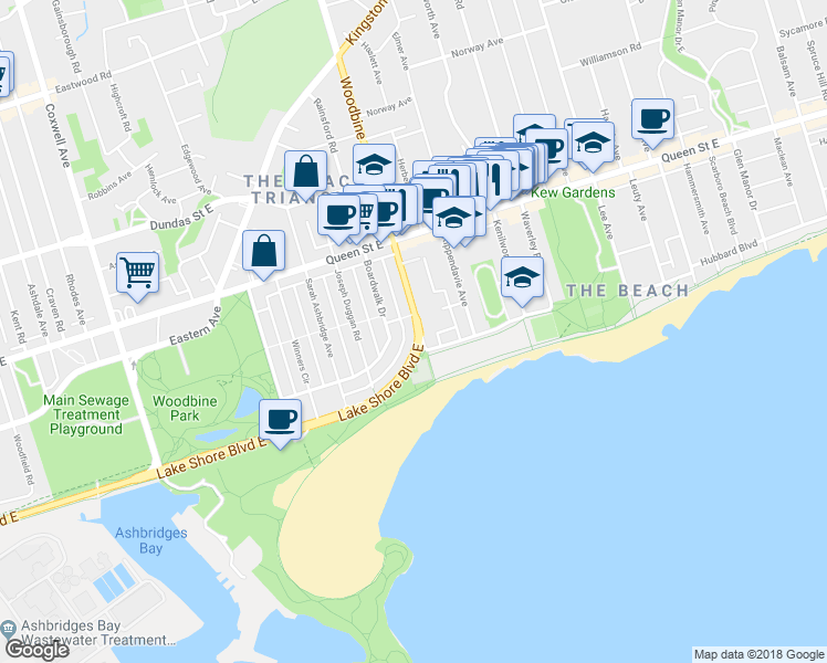 map of restaurants, bars, coffee shops, grocery stores, and more near in Toronto