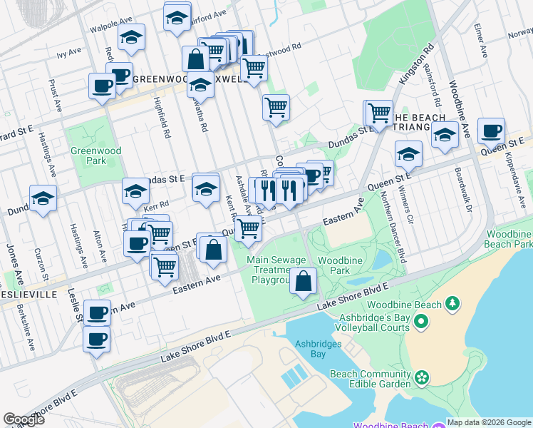 map of restaurants, bars, coffee shops, grocery stores, and more near in Toronto