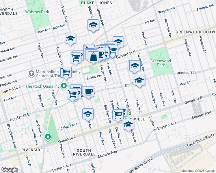 map of restaurants, bars, coffee shops, grocery stores, and more near in Toronto