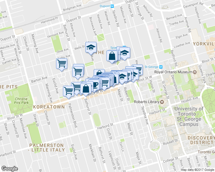 map of restaurants, bars, coffee shops, grocery stores, and more near in Toronto