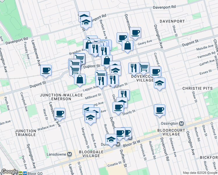 map of restaurants, bars, coffee shops, grocery stores, and more near in Toronto