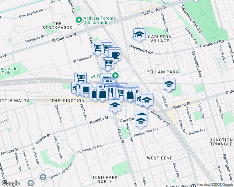 map of restaurants, bars, coffee shops, grocery stores, and more near Heintzman Street in Toronto