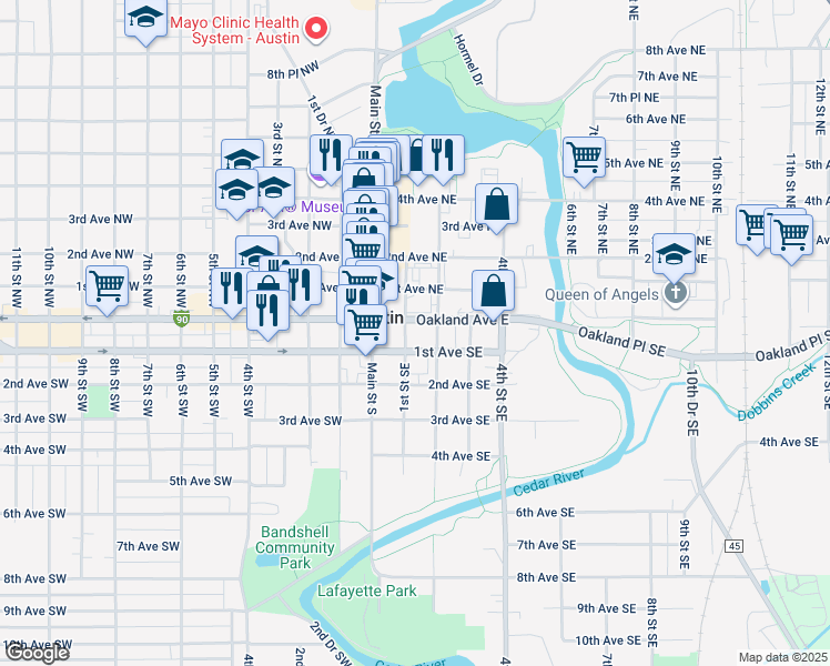 map of restaurants, bars, coffee shops, grocery stores, and more near 209 1st Avenue Southeast in Austin