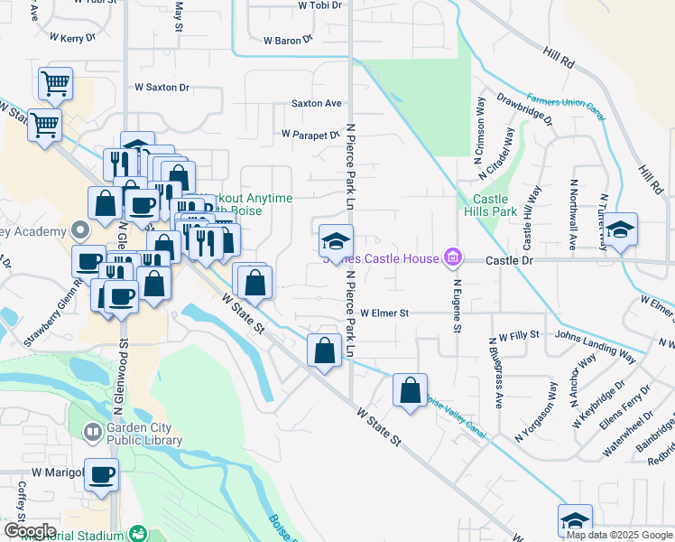 map of restaurants, bars, coffee shops, grocery stores, and more near 5015 North Pierce Park Lane in Boise