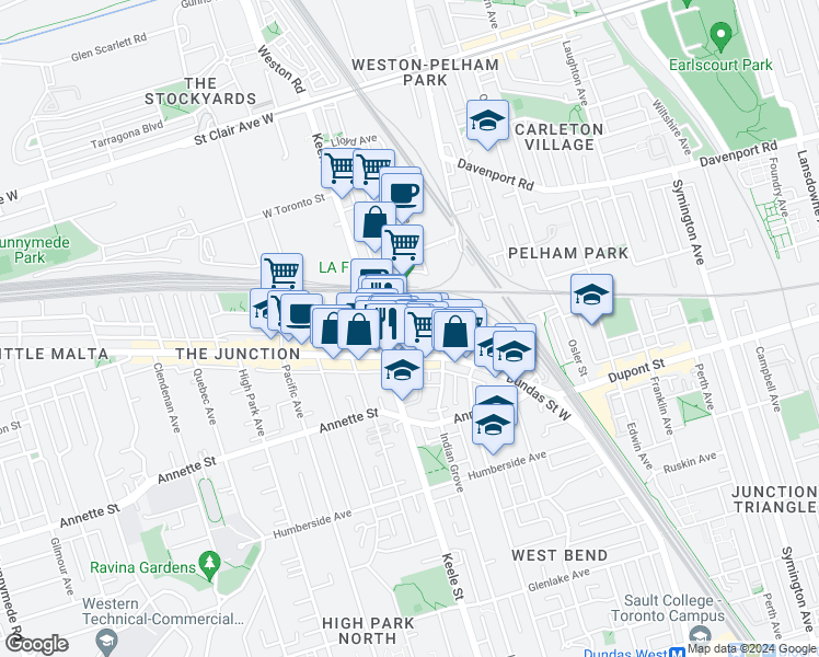 map of restaurants, bars, coffee shops, grocery stores, and more near Heintzman Street in Toronto
