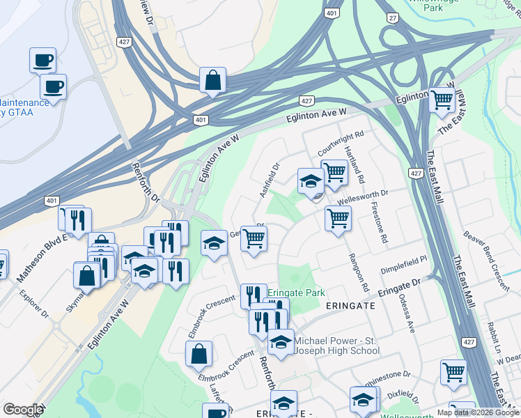 map of restaurants, bars, coffee shops, grocery stores, and more near 45 Ashfield Drive in Toronto